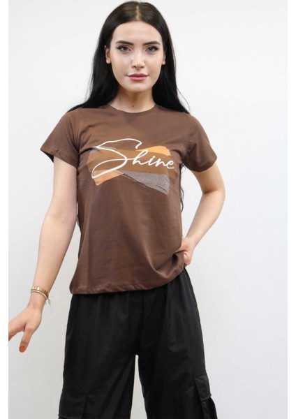 Shine Baskılı Tshirt Kahve
