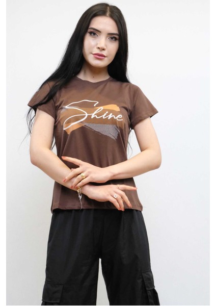 Shine Baskılı Tshirt Kahve