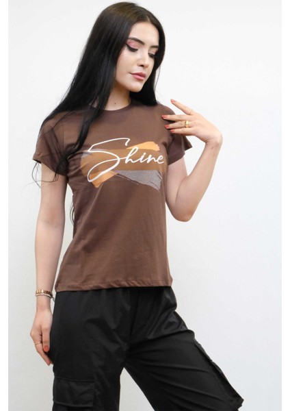 Shine Baskılı Tshirt Kahve