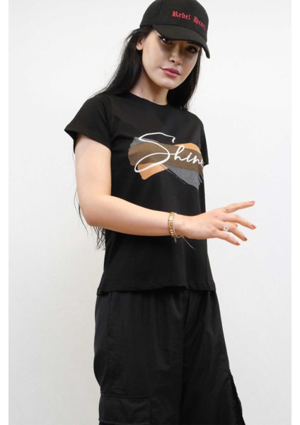 Shine Baskılı Tshirt Siyah