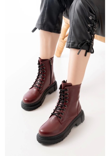 812-356 Bordo Bağcıklı Fermuarlı Günlük Kadın Bot fiyatları