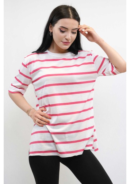 Çizgili Penye Tshirt Pembe