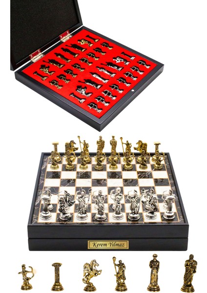 Kutulu Kişiye Özel Hediyelik Metal Satranç Takımı | 25CM Mermer Desenli | Mitolojik Tanrı Roma Okçu