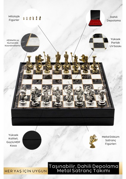Kutulu Kişiye Özel Hediyelik Metal Satranç Takımı | 25CM Mermer Desenli | Mitolojik Tanrı Roma Okçu modelleri