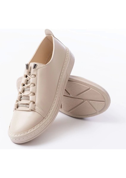 MK-9026 Bej Bağcıklı Taş Aksesuarlı Günlük Spor Ayakkabı