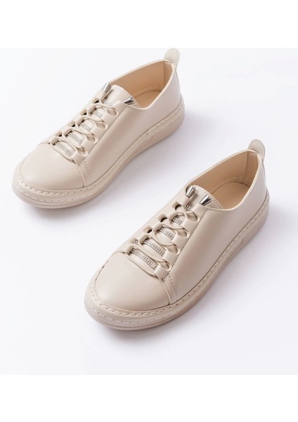 MK-9026 Bej Bağcıklı Taş Aksesuarlı Günlük Spor Ayakkabı indirimleri