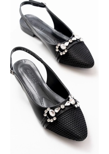 İNF-120 Siyah Günlük Fileli Taş Aksesuarlı Kadın Babet fırsatları