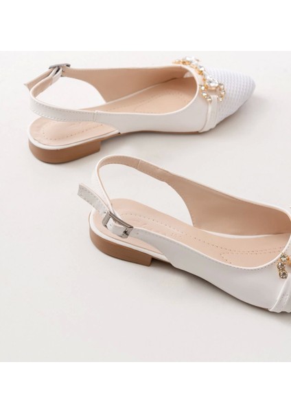 İNF-120 Beyaz Günlük Fileli Taş Aksesuarlı Kadın Babet modelleri