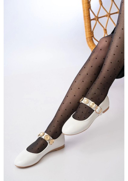 İNF-6363 Beyaz Baret Tokalı Günlük Bayan Ayakkabı