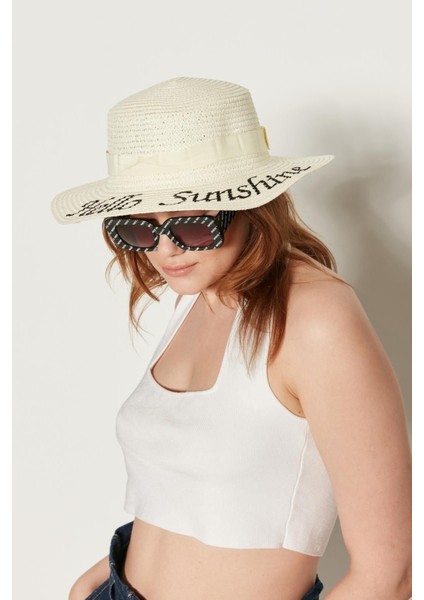 14390-9 Hello Sunshine Nakışlı Ekru Geniş Hasır Şapka