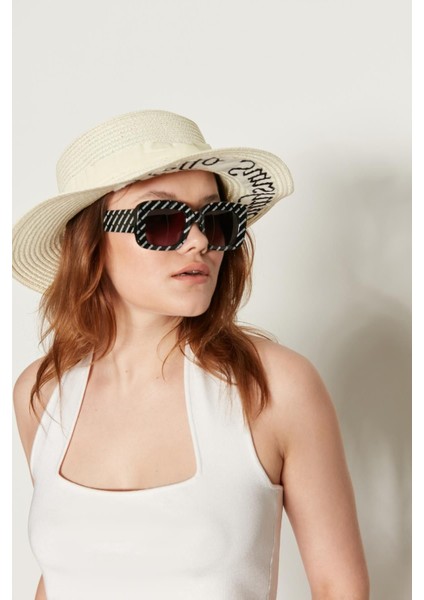 14390-9 Hello Sunshine Nakışlı Ekru Geniş Hasır Şapka