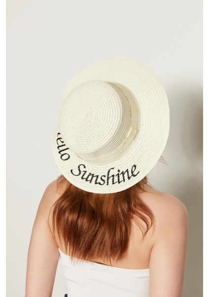 14390-9 Hello Sunshine Nakışlı Ekru Geniş Hasır Şapka