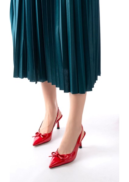 İNF-4500 Kırmızı Rugan Günlük Arkası Açık Fiyonklu Topuklu Bayan Ayakkabı fiyatları