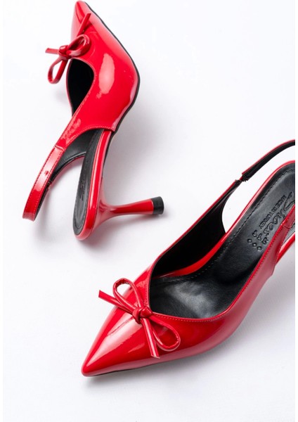 İNF-4500 Kırmızı Rugan Günlük Arkası Açık Fiyonklu Topuklu Bayan Ayakkabı fırsatları