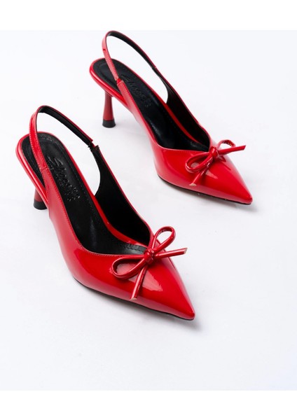 İNF-4500 Kırmızı Rugan Günlük Arkası Açık Fiyonklu Topuklu Bayan Ayakkabı indirimleri