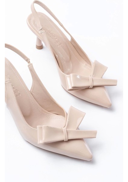 İNF-4501 Bej Rugan Günlük Arkası Açık Fiyonklu Topuklu Bayan Ayakkabı fırsatları