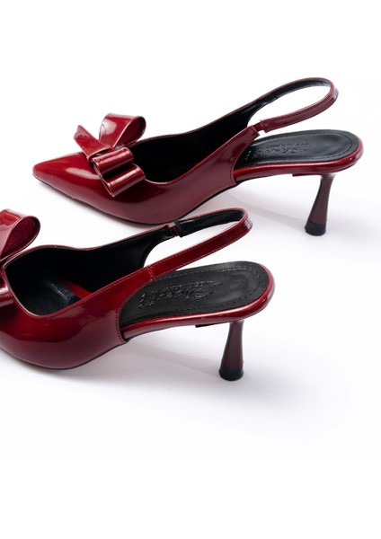 İNF-4501 Bordo Rugan Günlük Arkası Açık Fiyonklu Topuklu Bayan Ayakkabı fırsatları