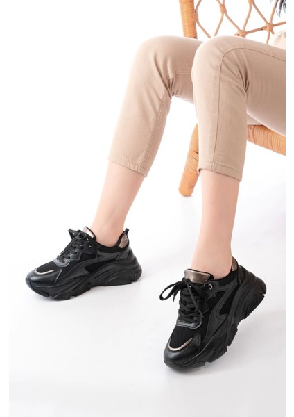 SP-149 Siyah Platin Bağcıklı Fileli Günlük Spor Ayakkabı