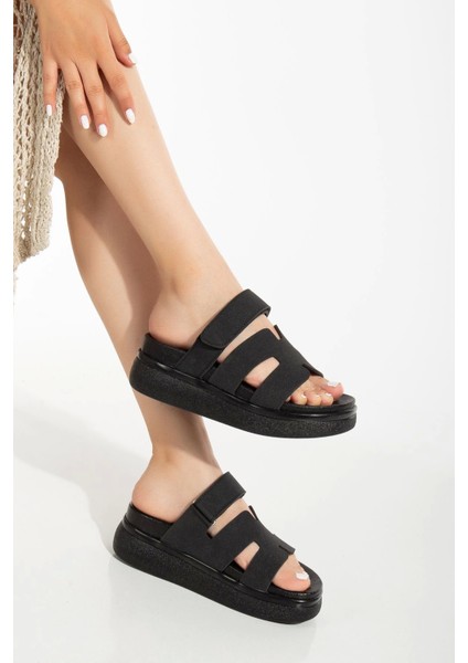 24422-HERMES Siyah Dolgu Topuk Kadın Sandalet fiyatları