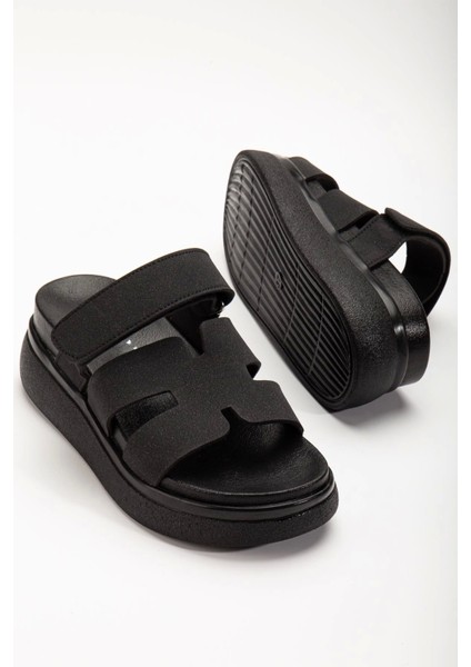 24422-HERMES Siyah Dolgu Topuk Kadın Sandalet modelleri