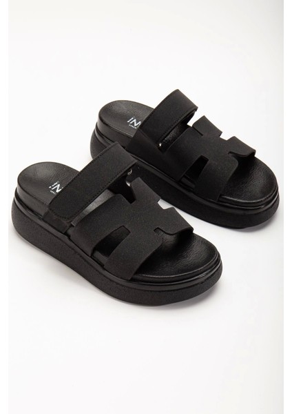 24422-HERMES Siyah Dolgu Topuk Kadın Sandalet indirimleri