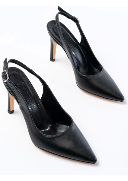 ST-1153 Siyah Günlük Arkası Açık 9 cm Topuklu Kadın Ayakkabı modelleri