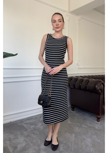 Merserize Çizgili Basic Elbise- Siyah
