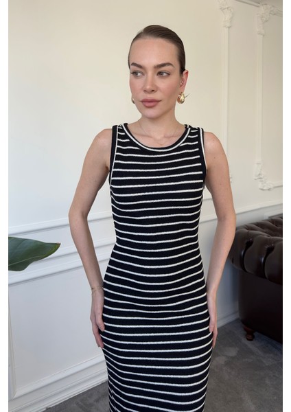 Merserize Çizgili Basic Elbise- Siyah fırsatları