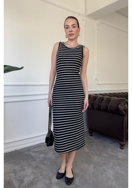 Merserize Çizgili Basic Elbise- Siyah indirimleri