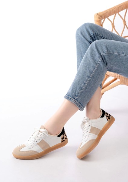 M-6006 Beyaz Garni Leopar Desenli Bağcıklı Termo Taban Günlük Kadın Spor indirimleri