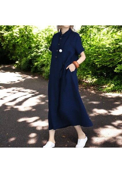 Yazlık Tam Boy Rahat Gömlek Yaka Keten Elbise