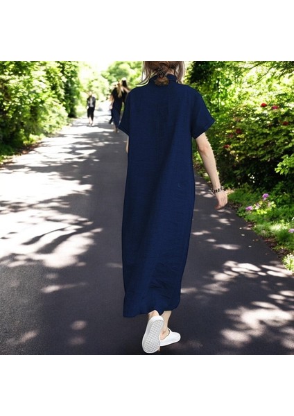 Yazlık Tam Boy Rahat Gömlek Yaka Keten Elbise fiyatları