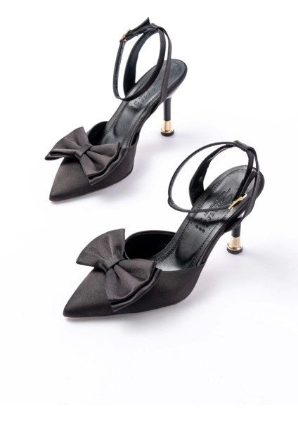 İNF-4505 Siyah Saten Günlük Arkası Açık Kurdele Detaylı Topuklu Bayan Ayakkabı modelleri