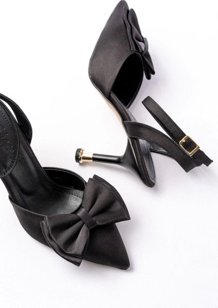 İNF-4505 Siyah Saten Günlük Arkası Açık Kurdele Detaylı Topuklu Bayan Ayakkabı fırsatları