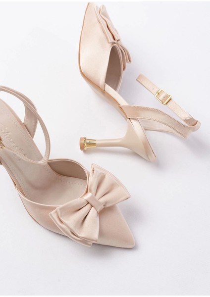 İNF-4505 Bej Saten Günlük Arkası Açık Kurdele Detaylı Topuklu Bayan Ayakkabı fırsatları