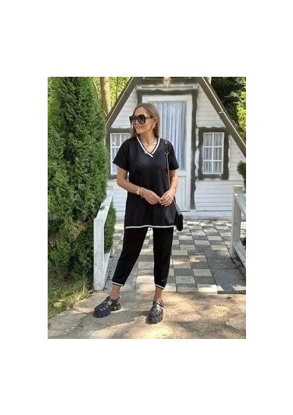 Kadın Kısa Kollu V Yakalı Iki Iplik Bluz ve Pantolon Ikili Takım fiyatları