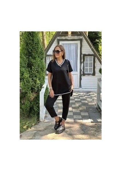 Kadın Kısa Kollu V Yakalı Iki Iplik Bluz ve Pantolon Ikili Takım modelleri