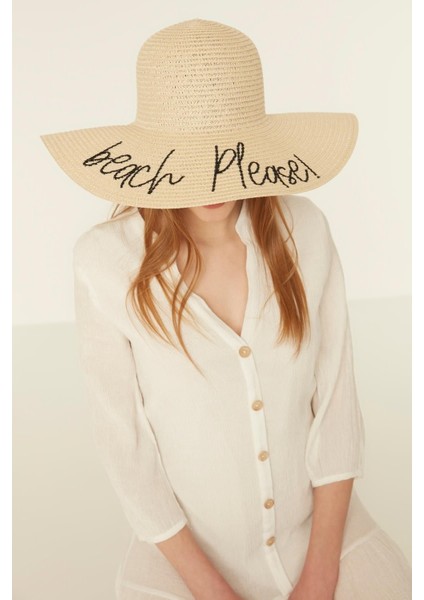 14232-9 Beach Please Yazılı Bej Hasır Kloş Şapka