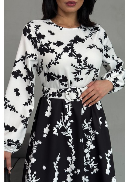 Kadın Desenli Atlas Kumaş Kemerli Elbise NBMS2530 fiyatları