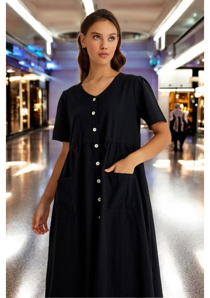 V Yaka Beli Büzgülü Keten Elbise fiyatları