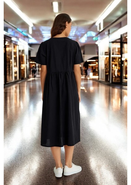 V Yaka Beli Büzgülü Keten Elbise fırsatları