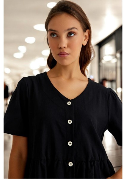 V Yaka Beli Büzgülü Keten Elbise