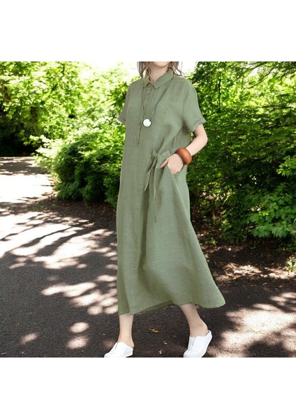 Tam Boy Kısa Kollu Keten Elbise