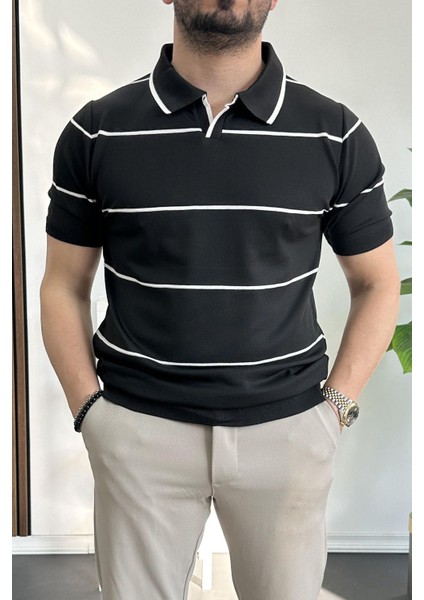 Erkek Polo Yaka Ince Çizgili Kısa Kollu T-Shirt