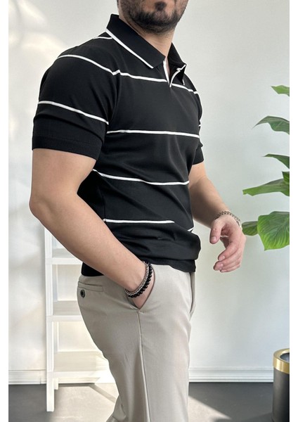 Erkek Polo Yaka Ince Çizgili Kısa Kollu T-Shirt
