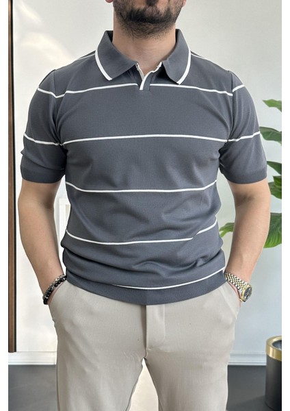 Erkek Polo Yaka Ince Çizgili Kısa Kollu T-Shirt