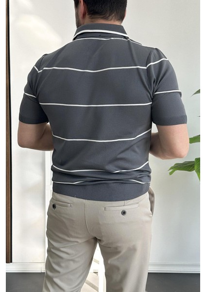 Erkek Polo Yaka Ince Çizgili Kısa Kollu T-Shirt
