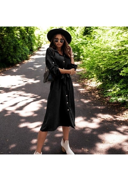 Gömlek Yaka Düğmeli Kemerli Keten Elbise