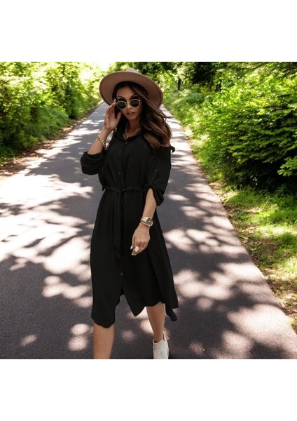 Gömlek Yaka Düğmeli Kemerli Keten Elbise fiyatları