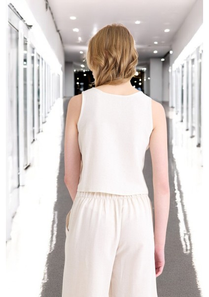 Yazlık Sırt Detaylı Kolsuz Rahat Keten Takım